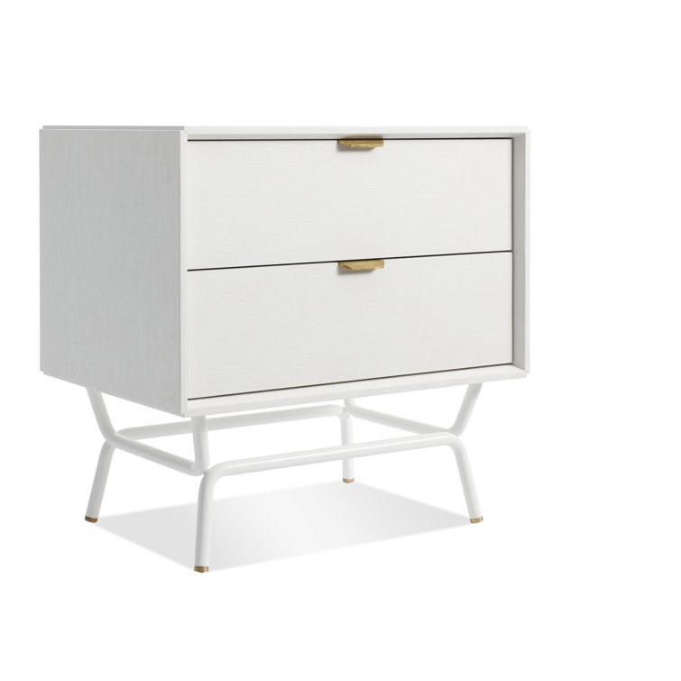White Wood 2-Drawer Nightstand with Brass Pulls