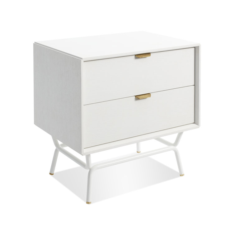 White Wood 2-Drawer Nightstand with Brass Pulls