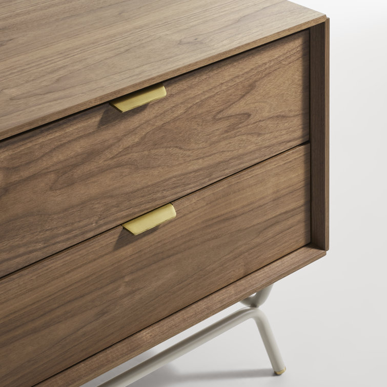 Walnut and Putty Gray 2 Drawer Nightstand with Brass Pulls