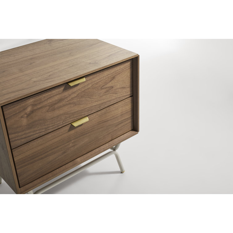 Walnut and Putty Gray 2 Drawer Nightstand with Brass Pulls
