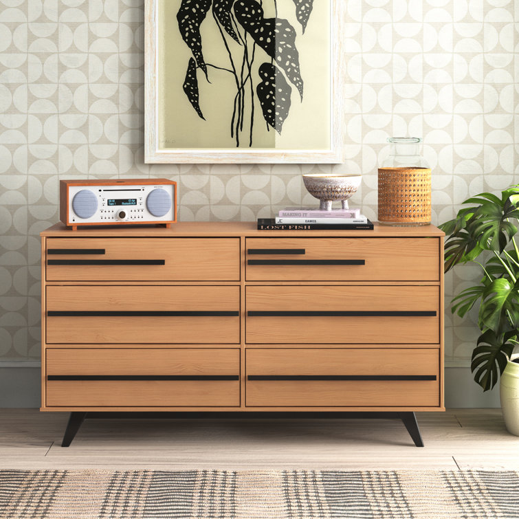 Natural Pine Mid-Century Modern 6-Drawer Solid Wood Dresser