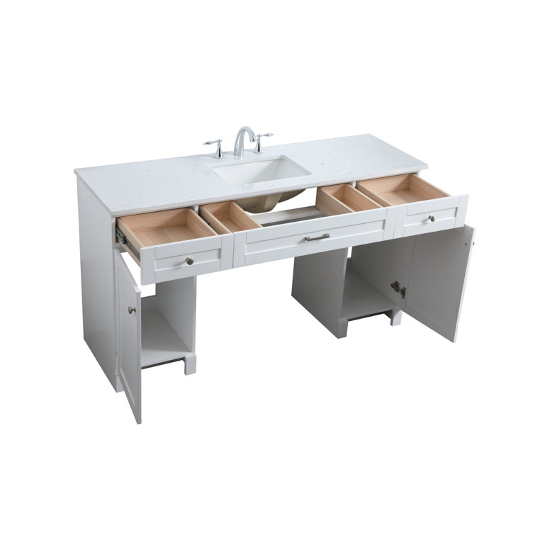 60'' White Freestanding Bathroom Vanity with Engineered Marble Top