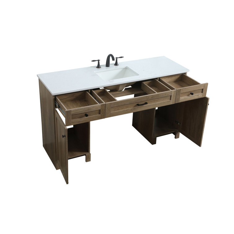 60 in Natural Oak Freestanding Bathroom Vanity with Marble Top