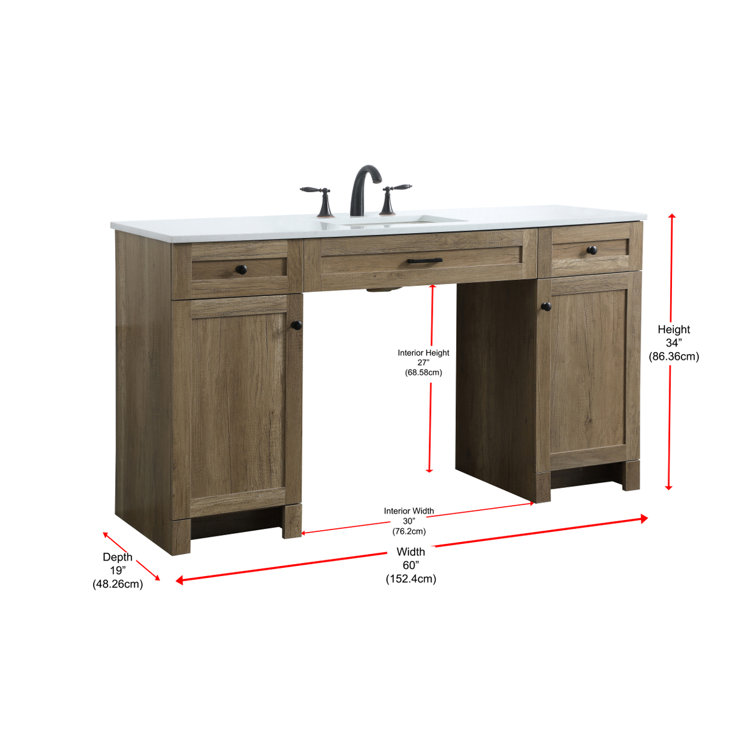 60 in Natural Oak Freestanding Bathroom Vanity with Marble Top