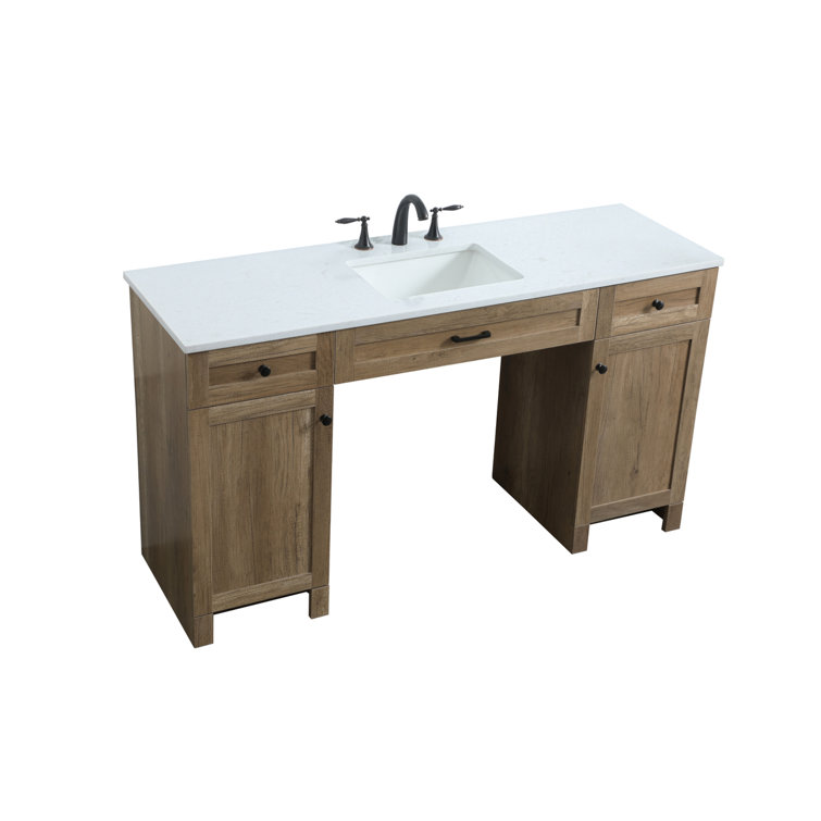 60 in Natural Oak Freestanding Bathroom Vanity with Marble Top