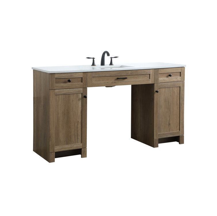 60 in Natural Oak Freestanding Bathroom Vanity with Marble Top