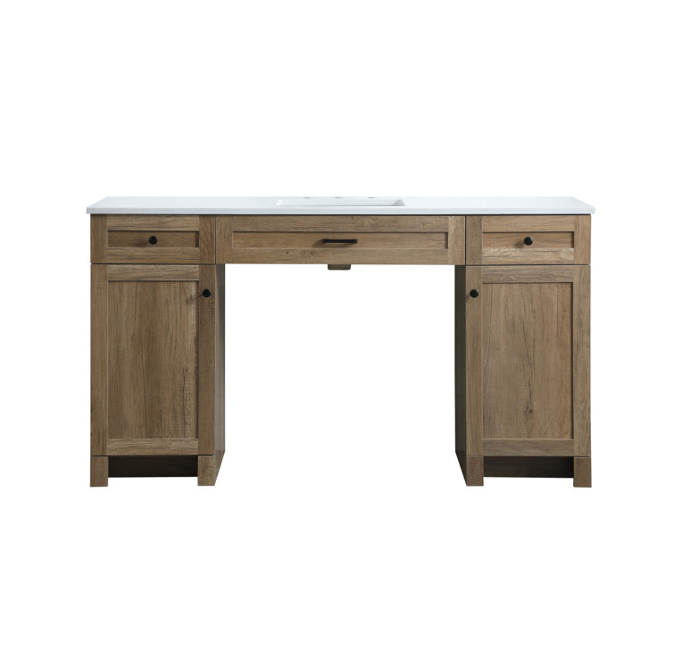 60 in Natural Oak Freestanding Bathroom Vanity with Marble Top