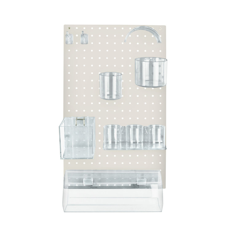 White Plastic Pegboard Wall Organizer Kit with Clear Accessories