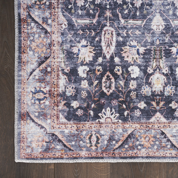 Elegant Persian Floral Navy Ivory Washable Rectangular Rug 5'3" x 7'3"