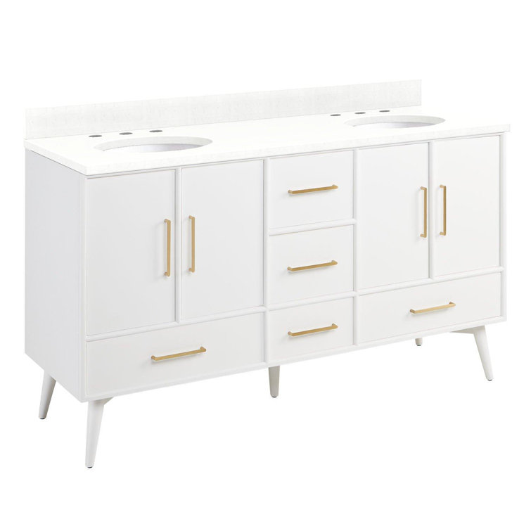 60" White Double Bathroom Vanity with Feathered White Quartz Top