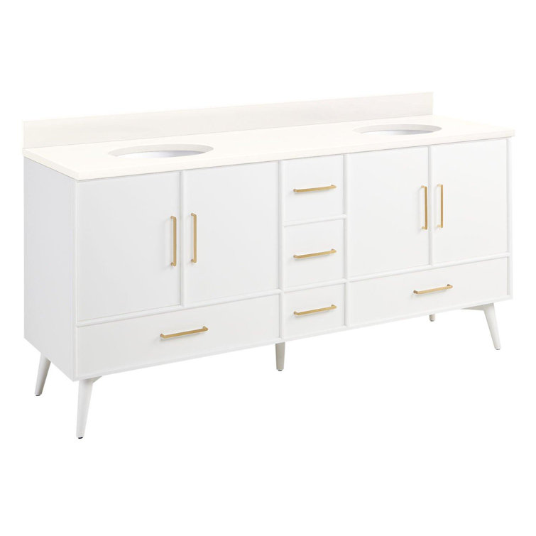 60" White Double Bathroom Vanity with Feathered White Quartz Top