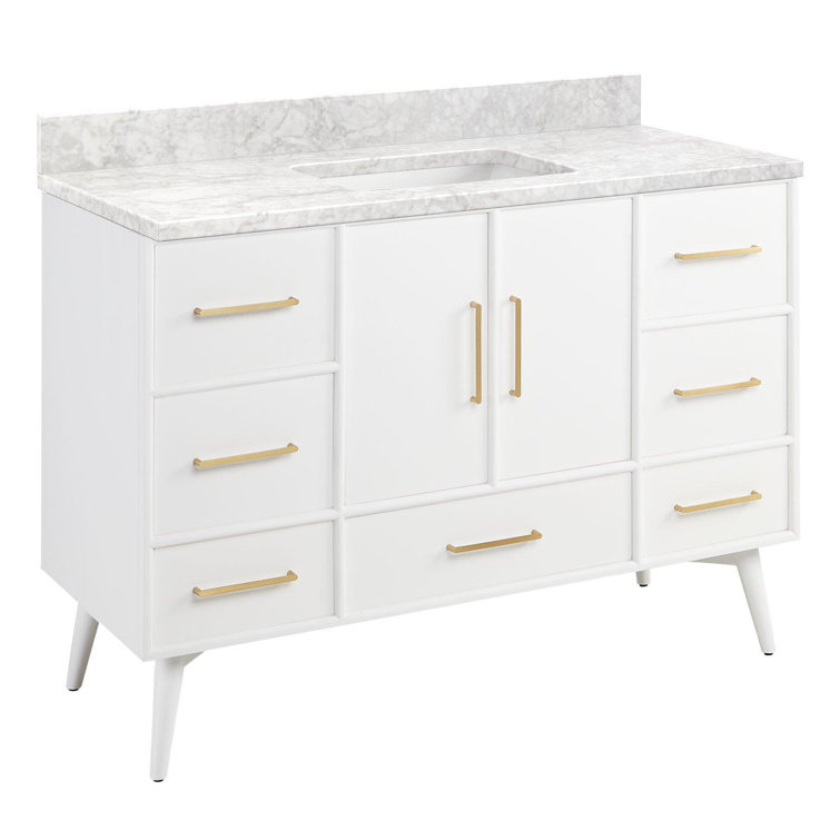 48" White Vanity with Carrara Marble Top and Brass Hardware