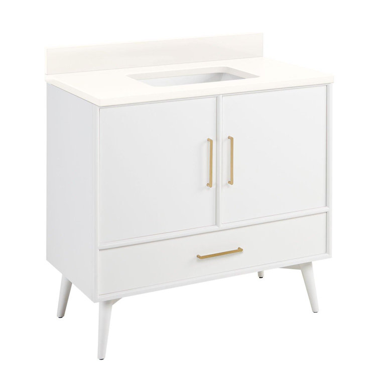 36" White Freestanding Bathroom Vanity with Brass Hardware