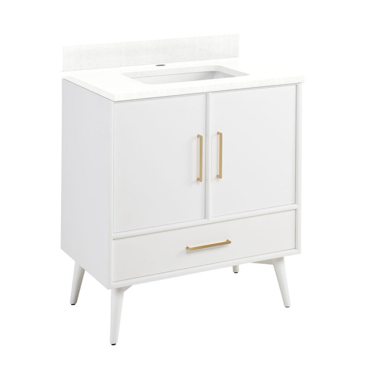 36" Natural Teak Single Bathroom Vanity with White Quartz Top