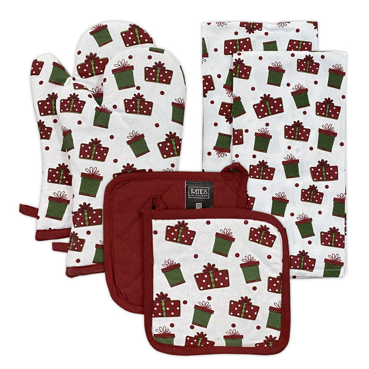 Festive Christmas Cotton Kitchen Towel, Potholder, and Oven Mitt Set