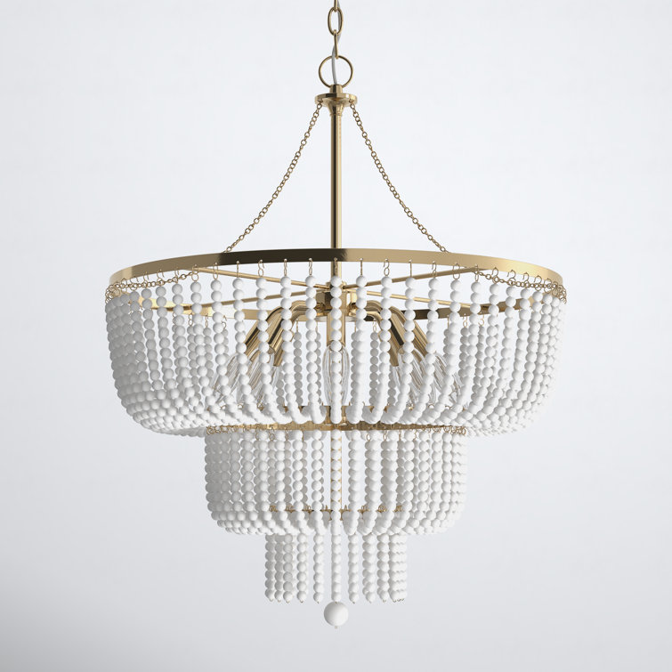 Satin Brass and White Beaded 6-Light Tiered Chandelier