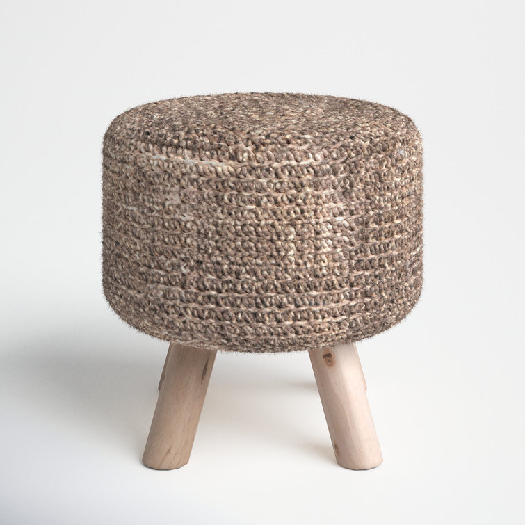 Taupe Wool Handwoven Pouf with Wooden Legs