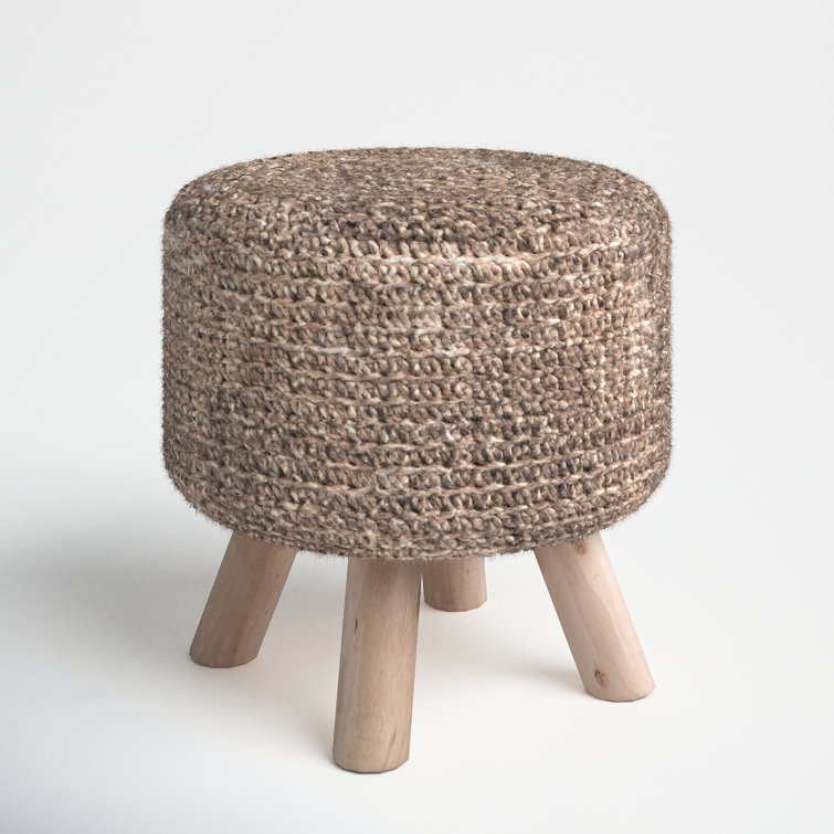 Taupe Wool Handwoven Pouf with Wooden Legs