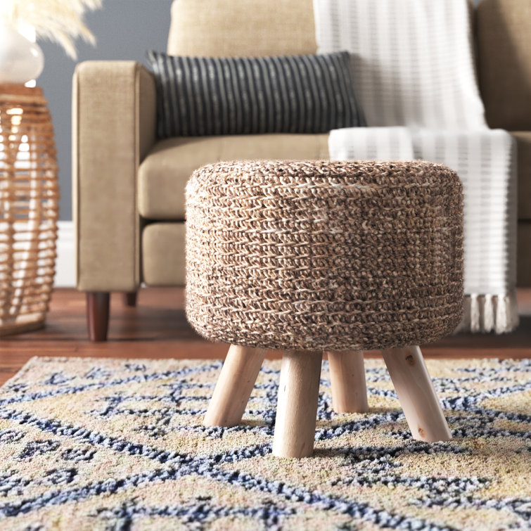 Taupe Wool Handwoven Pouf with Wooden Legs