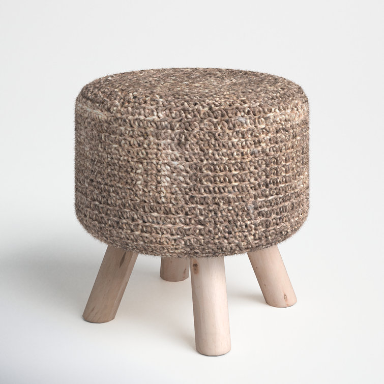 Taupe Wool Handwoven Pouf with Wooden Legs
