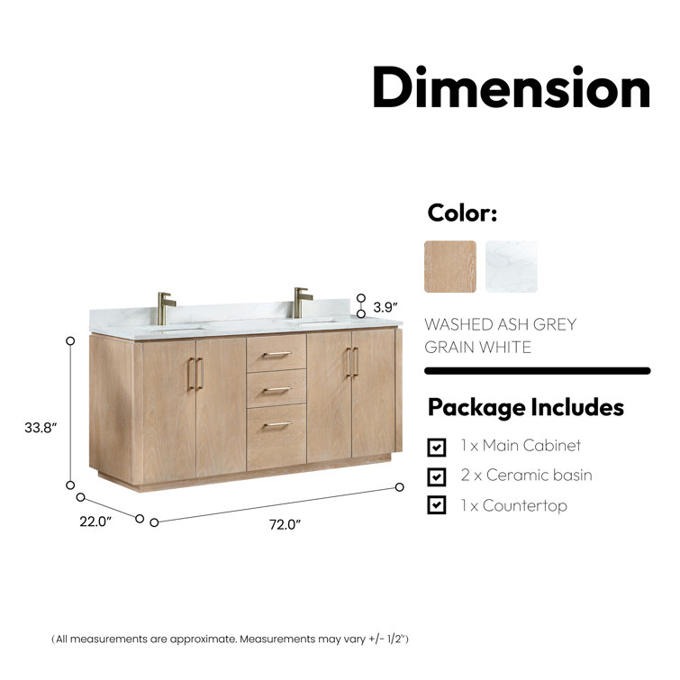 San 72'' Washed Ash Double Bathroom Vanity with Gold Hardware