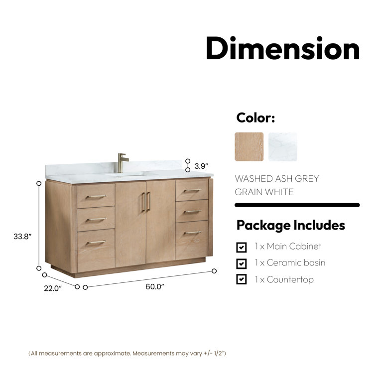Washed Ash Gray 60'' Single Bathroom Vanity with Gold Hardware