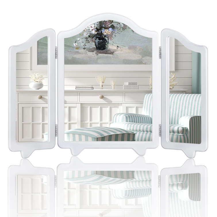 Vintage White Trifold Large Vanity Makeup Mirror, Tabletop Mount