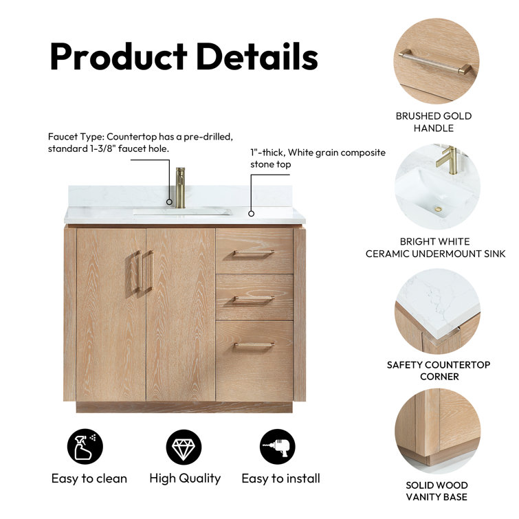 San 42'' Washed Ash Gray Single Bathroom Vanity with Gold Hardware