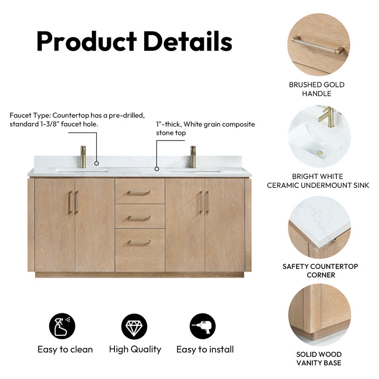 San 72'' Washed Ash Double Bathroom Vanity with Gold Hardware