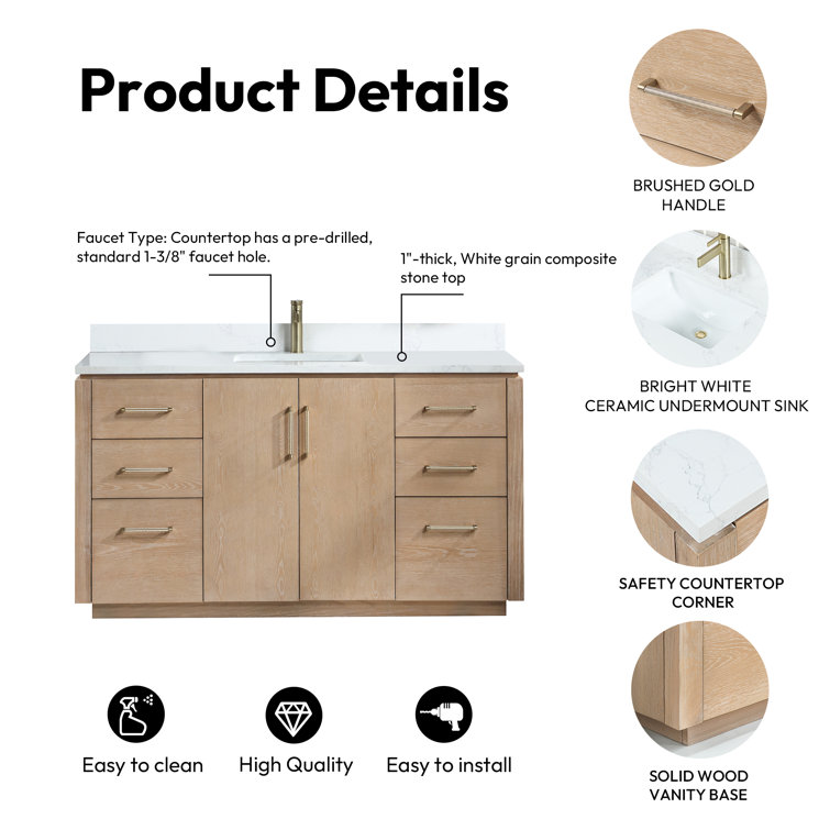 Washed Ash Gray 60'' Single Bathroom Vanity with Gold Hardware
