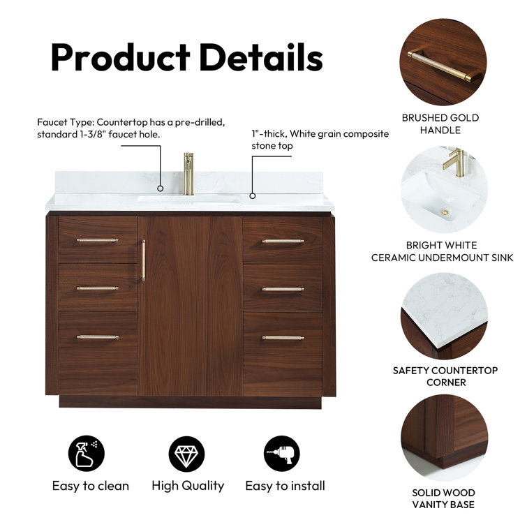 San 48'' Natural Walnut Single Bathroom Vanity with White Stone Top