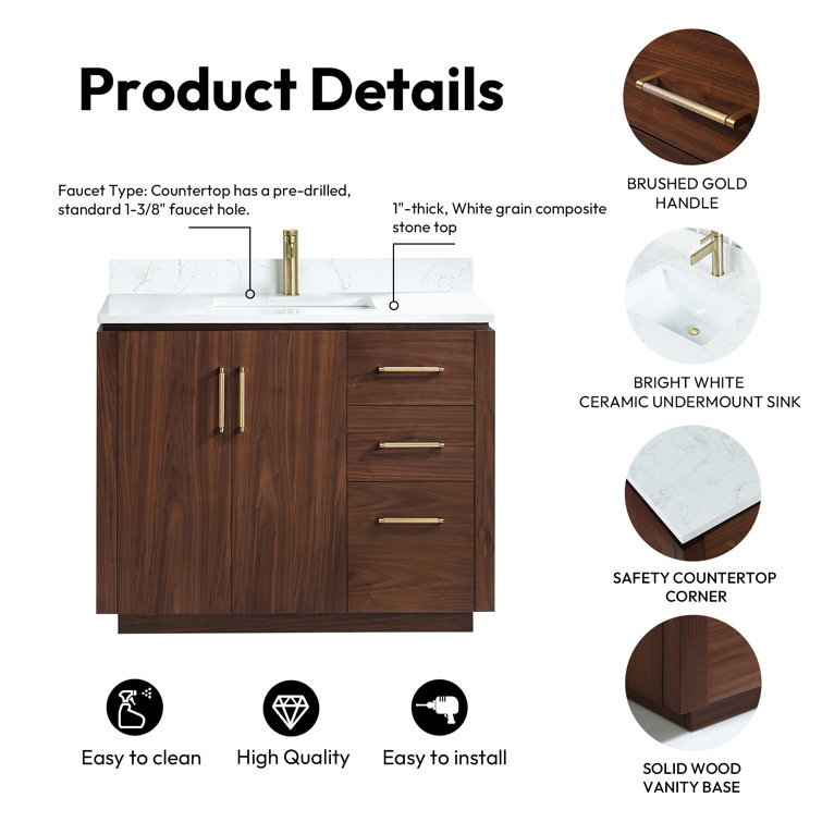 San 42'' Natural Walnut Single Bathroom Vanity with Gold Hardware