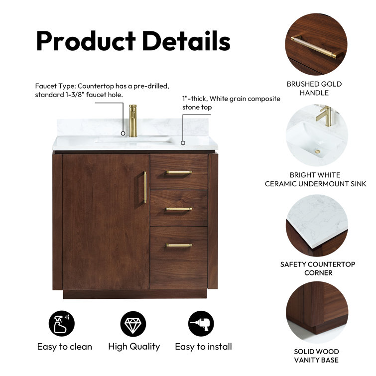 San 36'' Walnut and White Single Bathroom Vanity