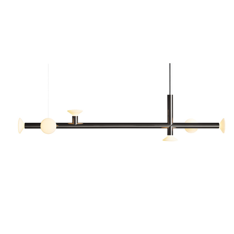 Ultra Black Nickel Steel Linear Chandelier with Handblown Glass Shades