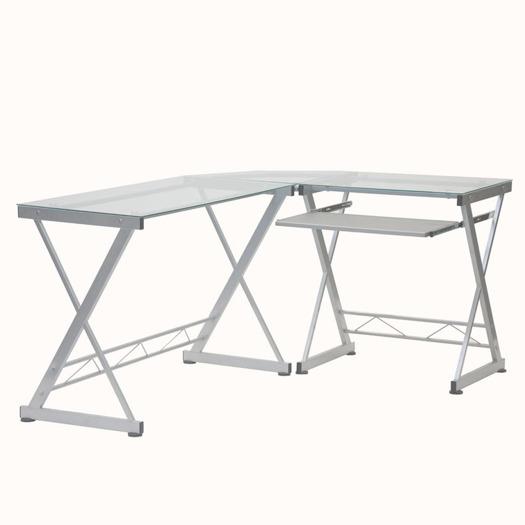 Reno Clear L-Shaped Glass Computer Desk with Keyboard Tray