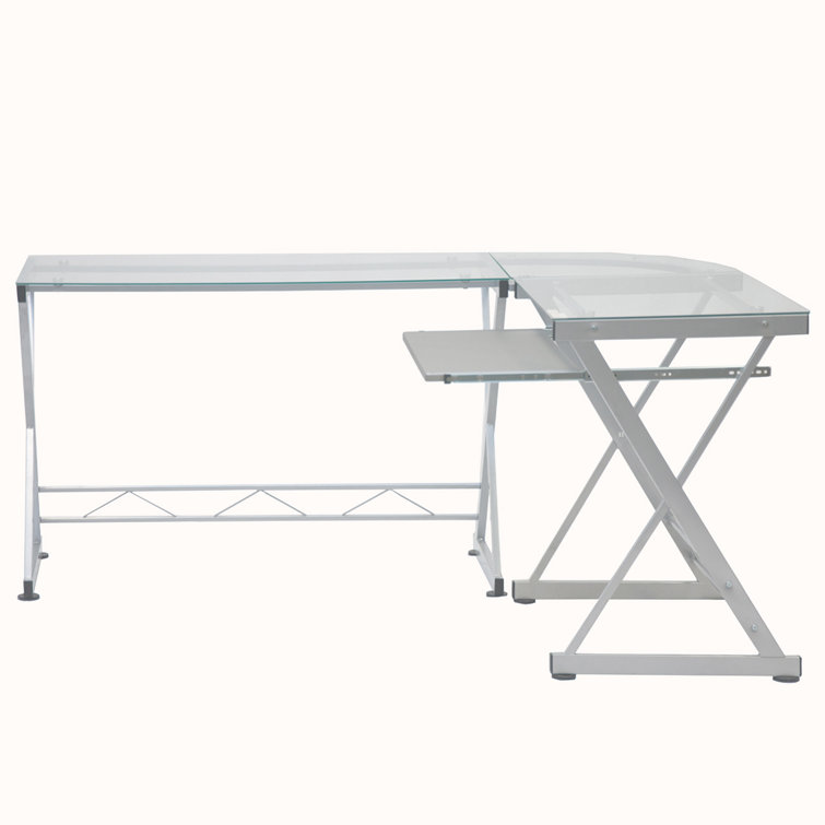 Reno Clear L-Shaped Glass Computer Desk with Keyboard Tray