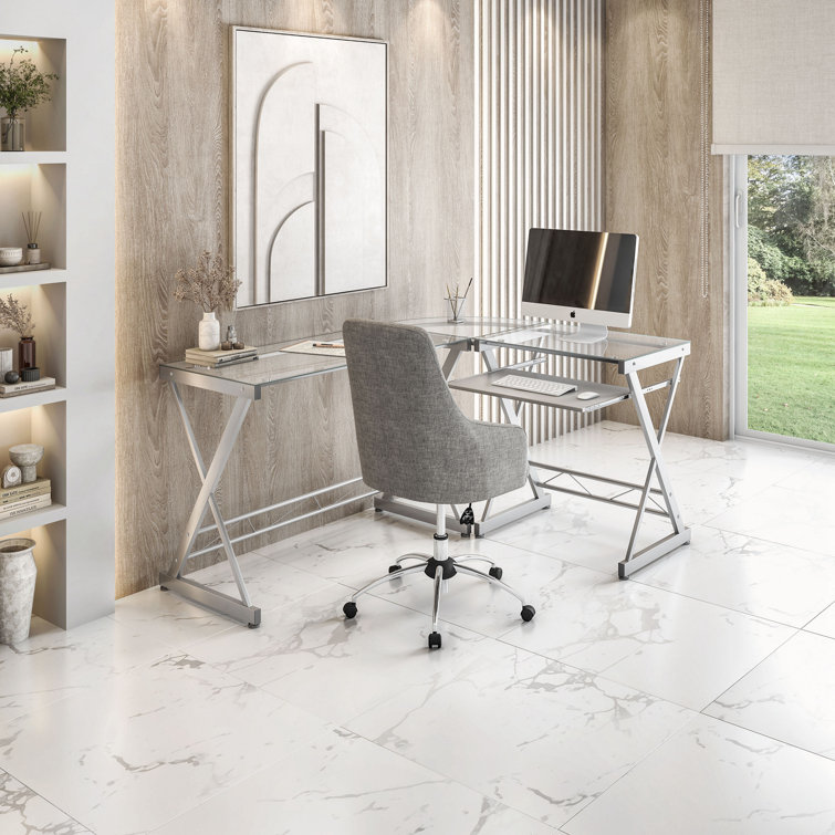 Reno Clear L-Shaped Glass Computer Desk with Keyboard Tray
