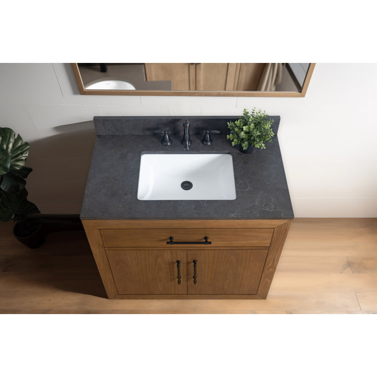 36" Tan Poplar Wood Bathroom Vanity with Black Limestone Top