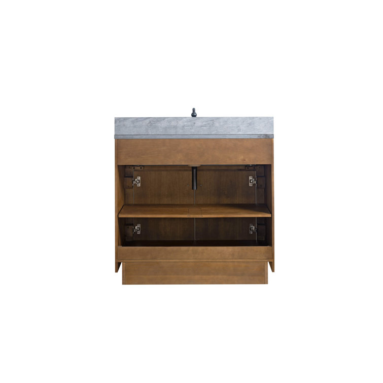 36" Tan Poplar Wood Bathroom Vanity with Black Limestone Top