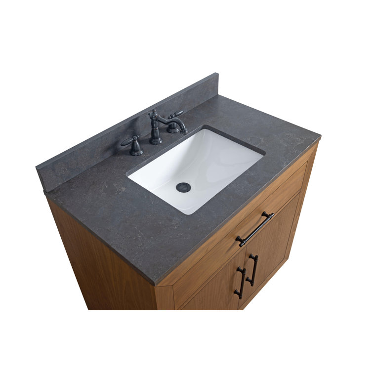 36" Tan Poplar Wood Bathroom Vanity with Black Limestone Top