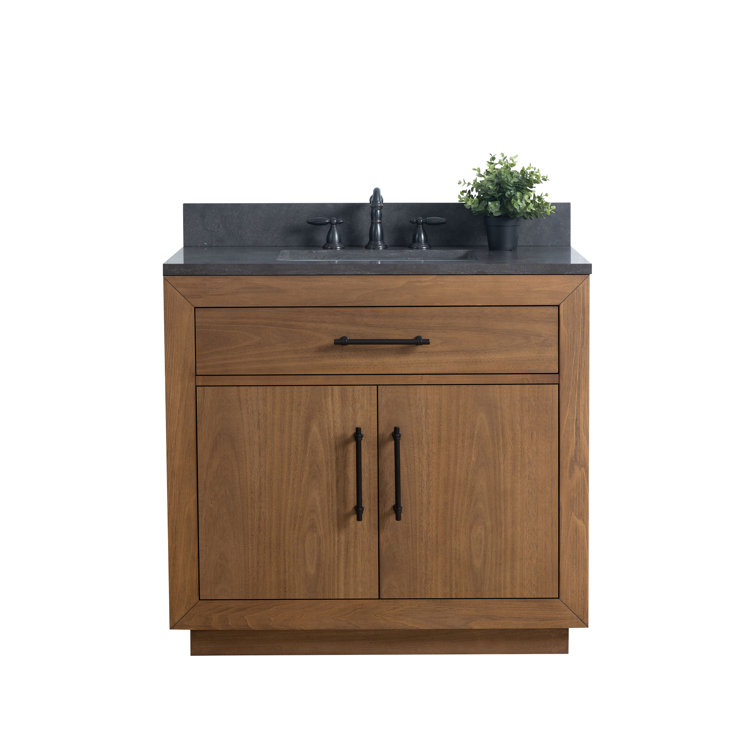36" Tan Poplar Wood Bathroom Vanity with Black Limestone Top