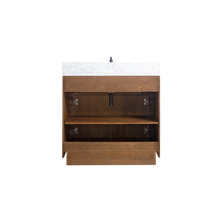 36" Tan Poplar Wood Bathroom Vanity with White Marble Top