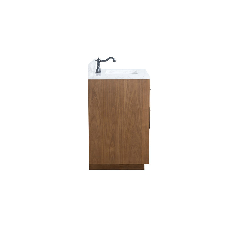 36" Tan Poplar Wood Bathroom Vanity with White Marble Top