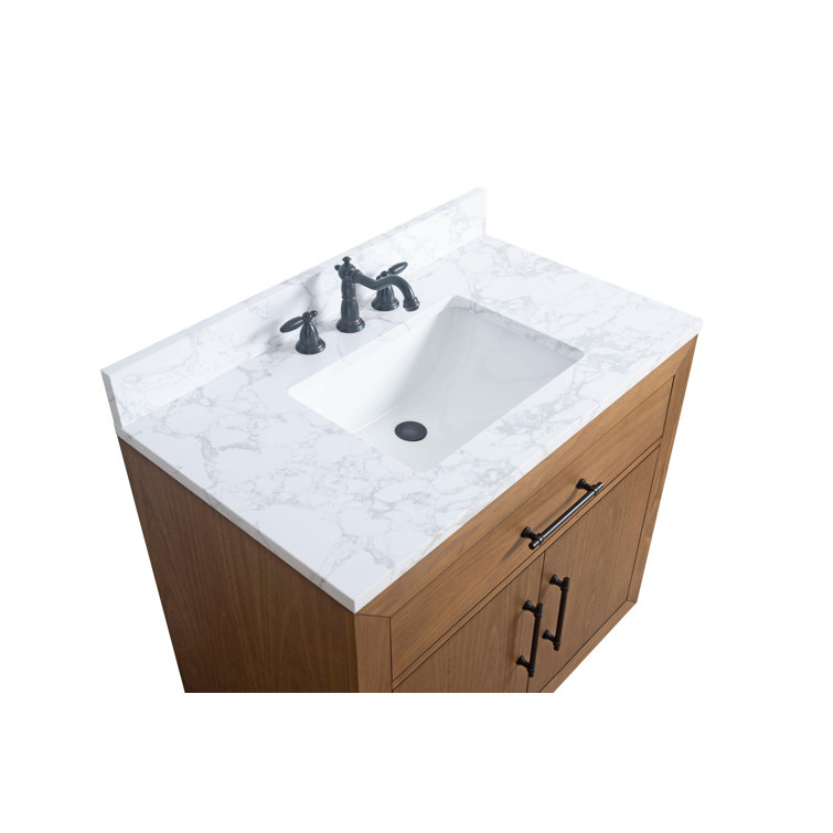 36" Tan Poplar Wood Bathroom Vanity with White Marble Top
