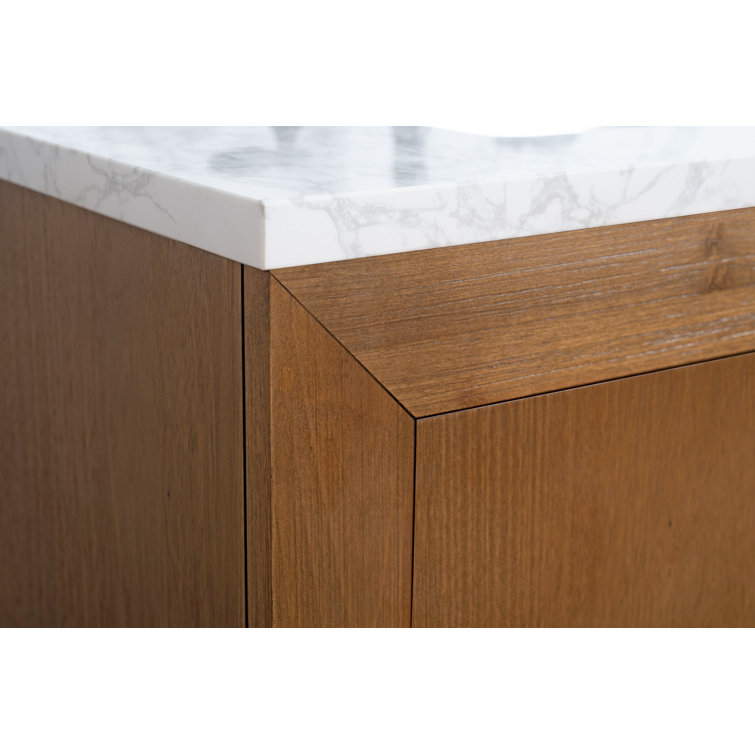 36" Tan Poplar Wood Bathroom Vanity with White Marble Top