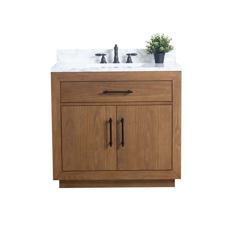 36" Tan Poplar Wood Bathroom Vanity with White Marble Top