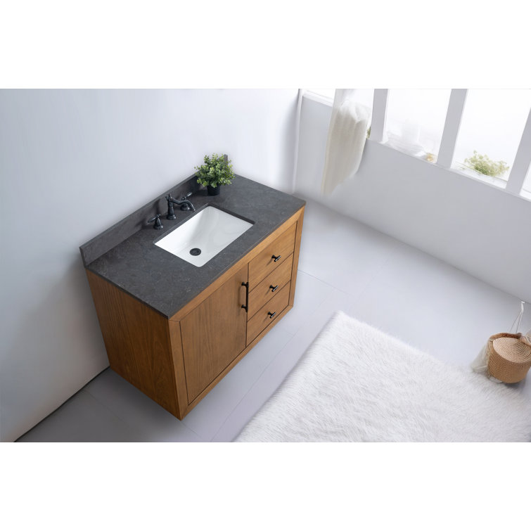 Tan 42" Single Bathroom Vanity with Black Limestone Top