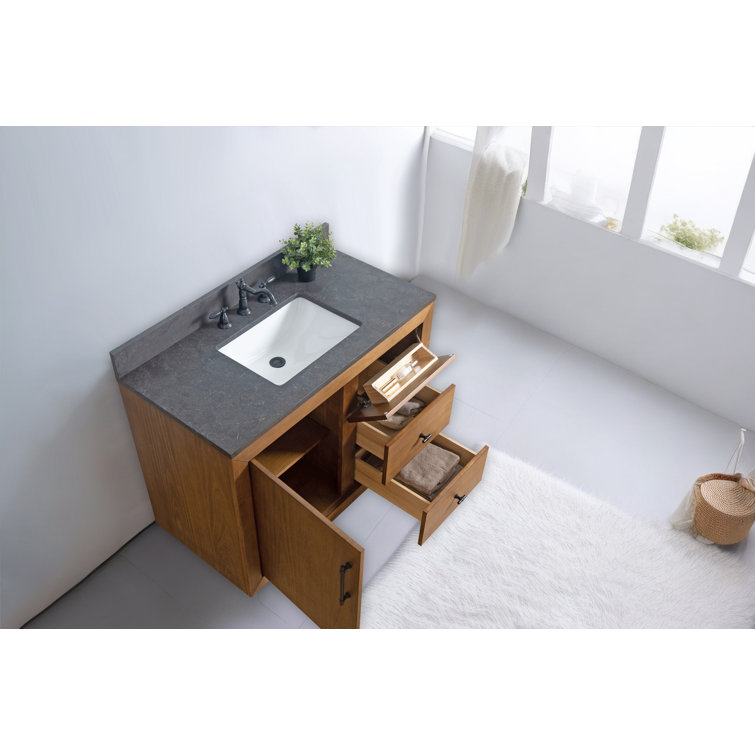 Tan 42" Single Bathroom Vanity with Black Limestone Top