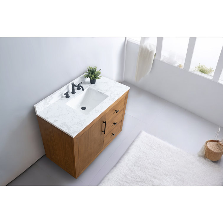 42" Tan Poplar Wood Single Bathroom Vanity with Marble Top