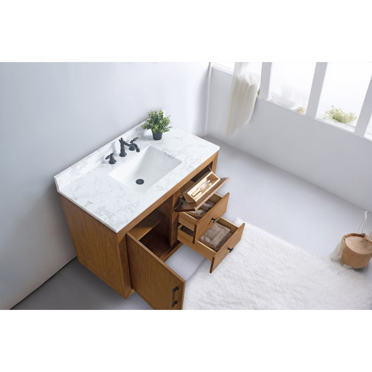 42" Tan Poplar Wood Single Bathroom Vanity with Marble Top